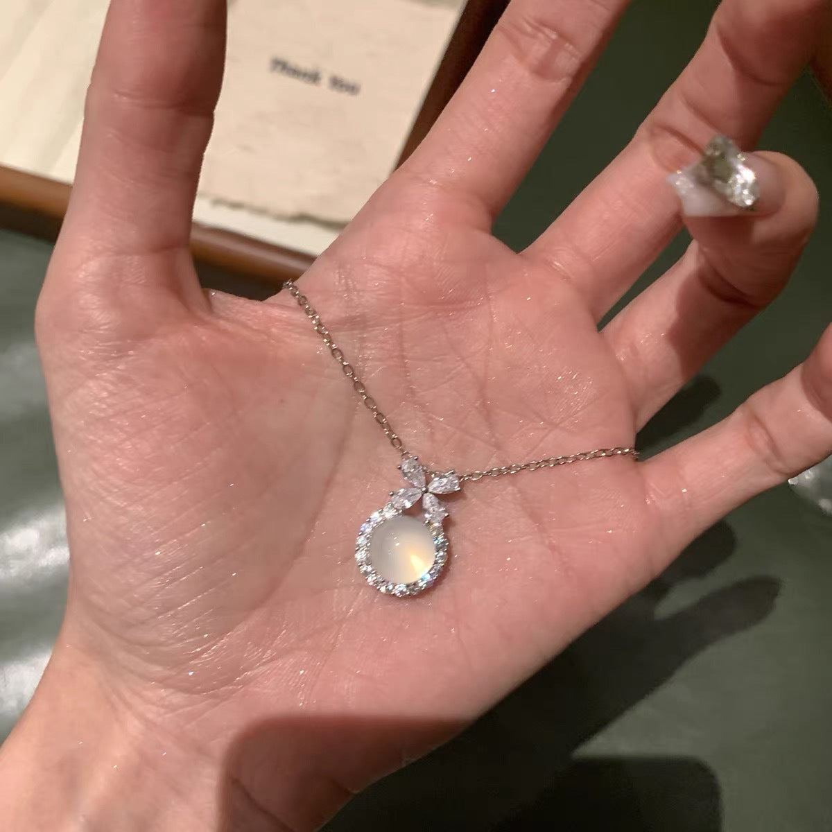 S925 Pure Silver White Jade Marrow Sparkling Zirconia Necklace - Silvery