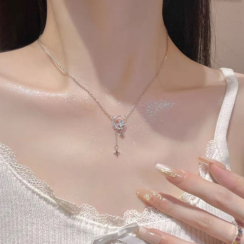 S925 sterling silver star and moon pendant necklace - silvery