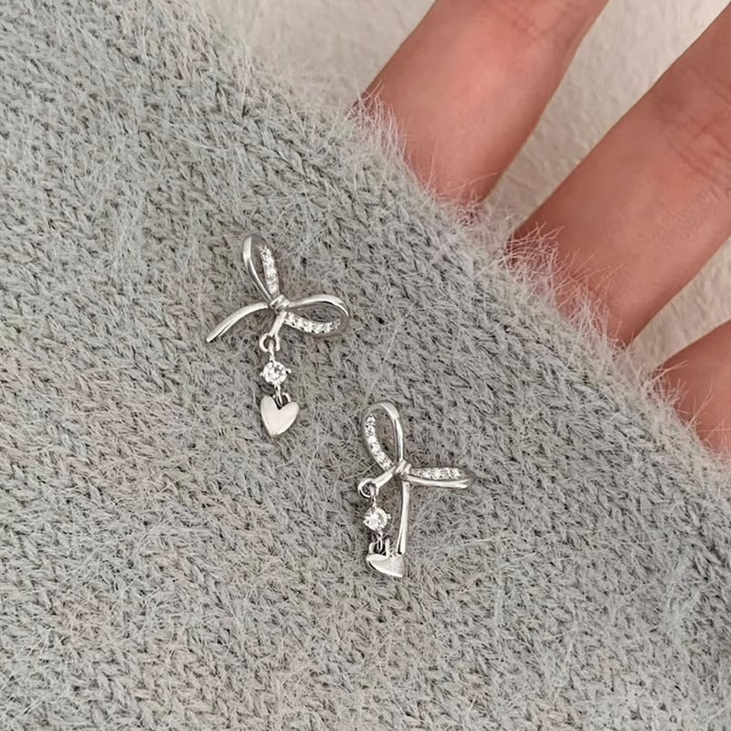 S925 sterling silver bow heart tassel earrings