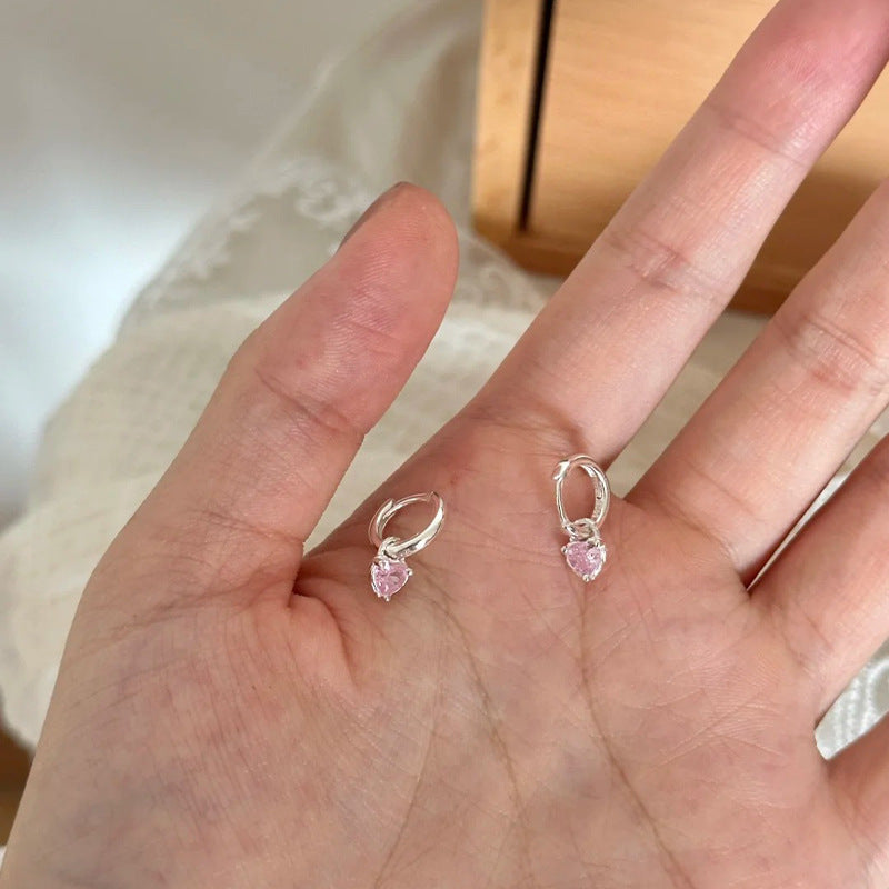 S925 Silver Pink Sparkling Zirconia Heart Earrings - Silvery