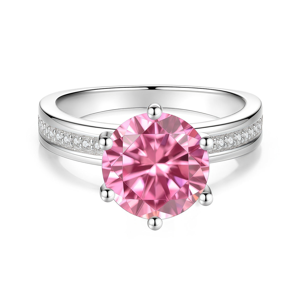 S925 Sterling Silver Six-Prong Round Colored Moissanite Ring