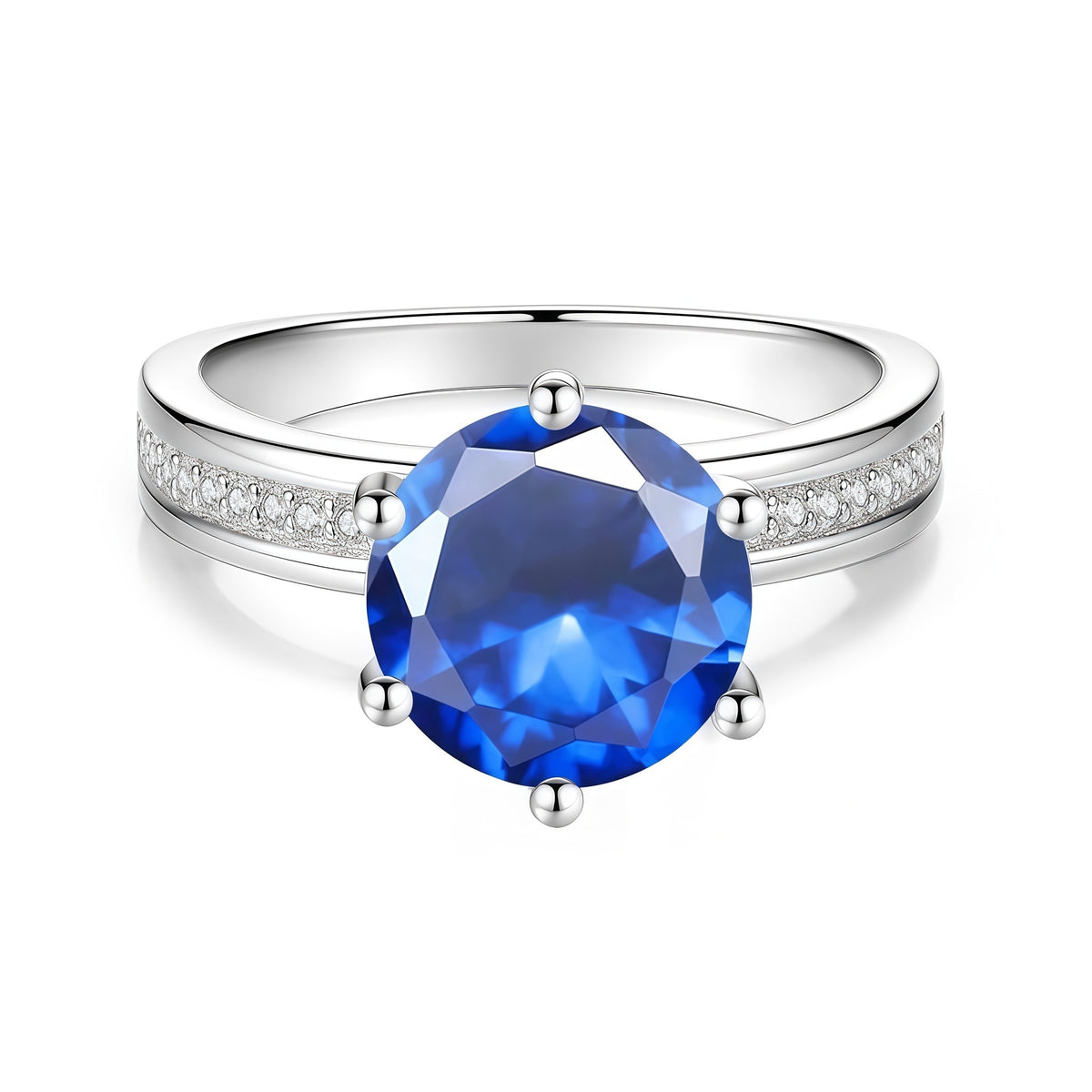 S925 Sterling Silver Six-Prong Round Colored Moissanite Ring
