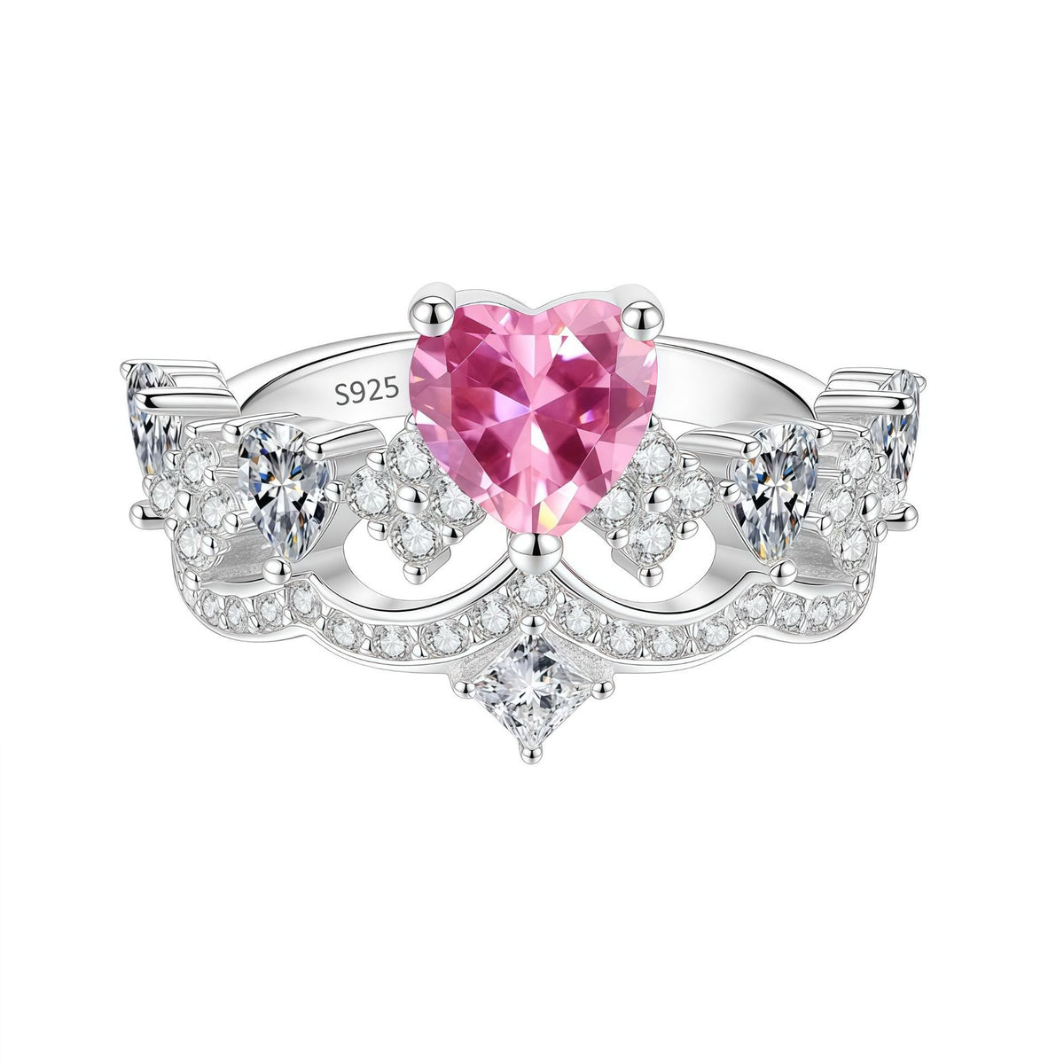 S925 Silver Heart and Crown Ring with Colorful Moissanite