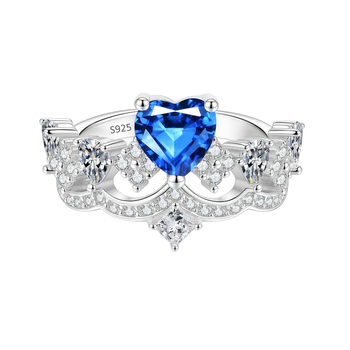 S925 Silver Heart and Crown Ring with Colorful Moissanite