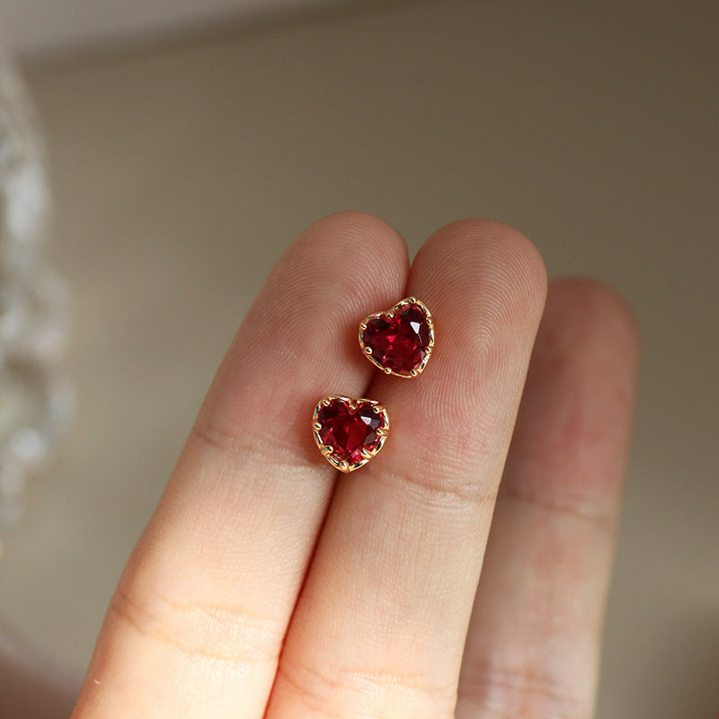 S925 sterling silver red heart earrings - champagne golden