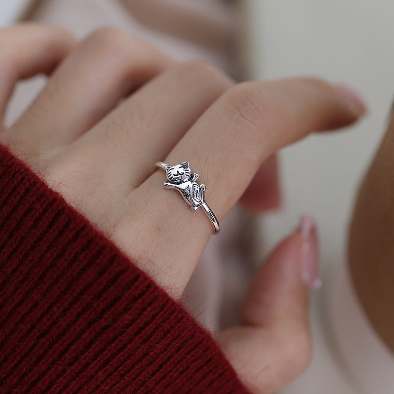 925 sterling silver cat shaped open ring - silvery