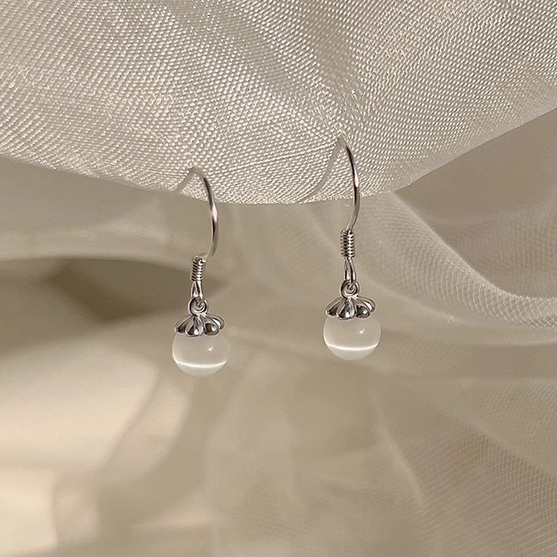 S925 sterling silver cat eye stone pendant earrings - silvery