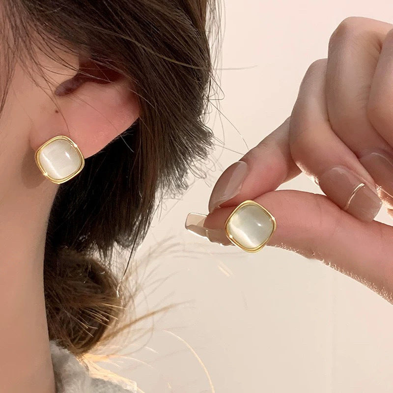 S925 sterling silver imitation cat eye stone square earrings - golden