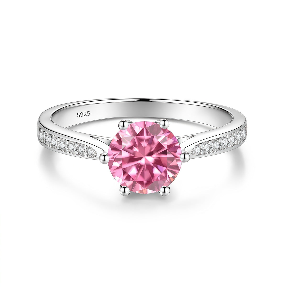 S925 Sterling Silver Six-Prong Round Colored Moissanite Ring