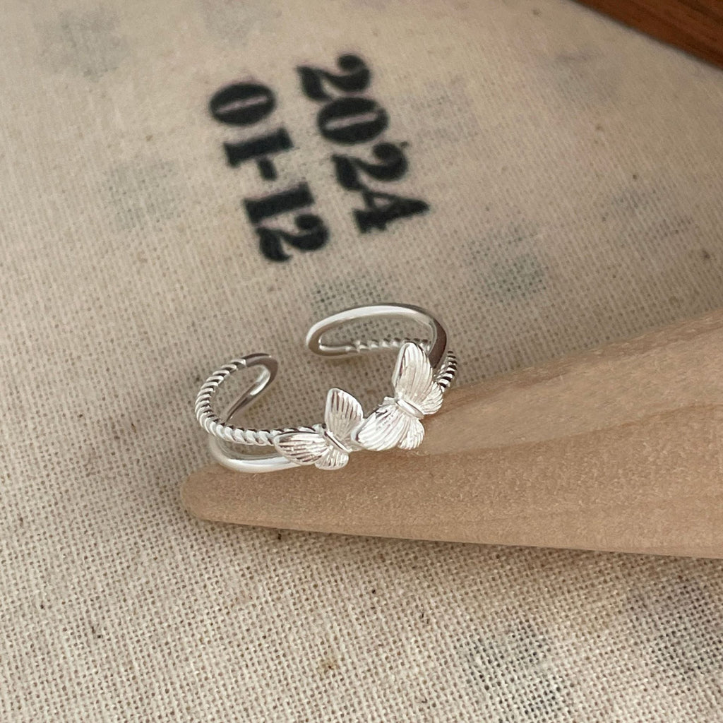 S925 sterling silver double butterfly opening ring