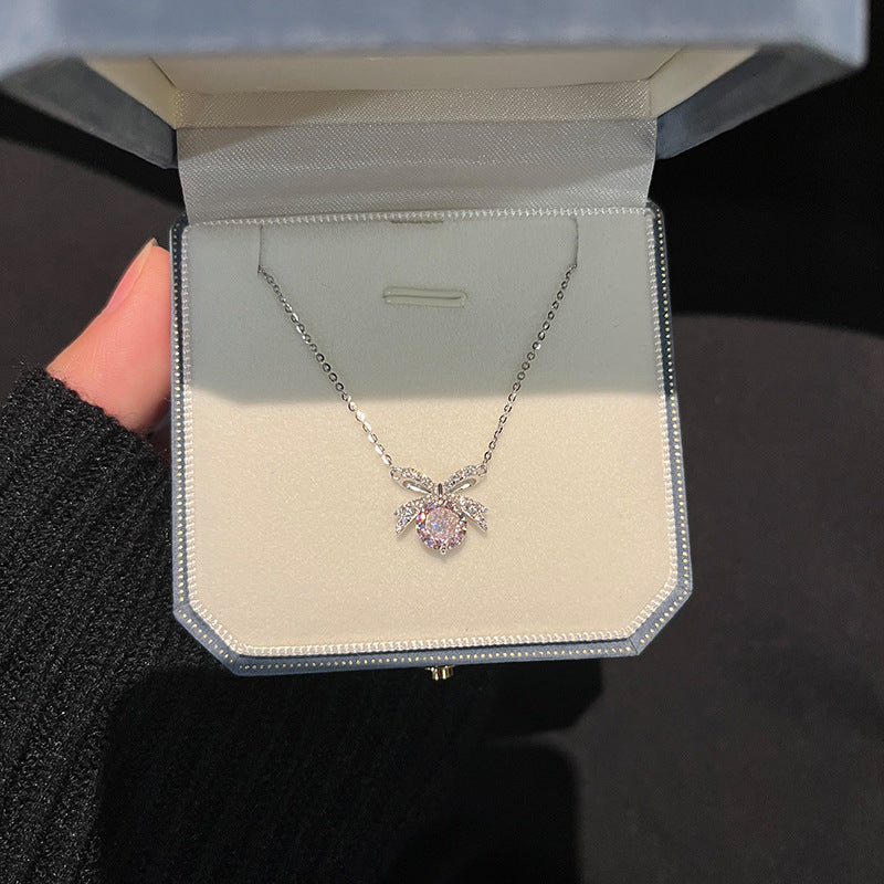 925 sterling silver bowknot with sparkling zirconium pendant necklace - silvery