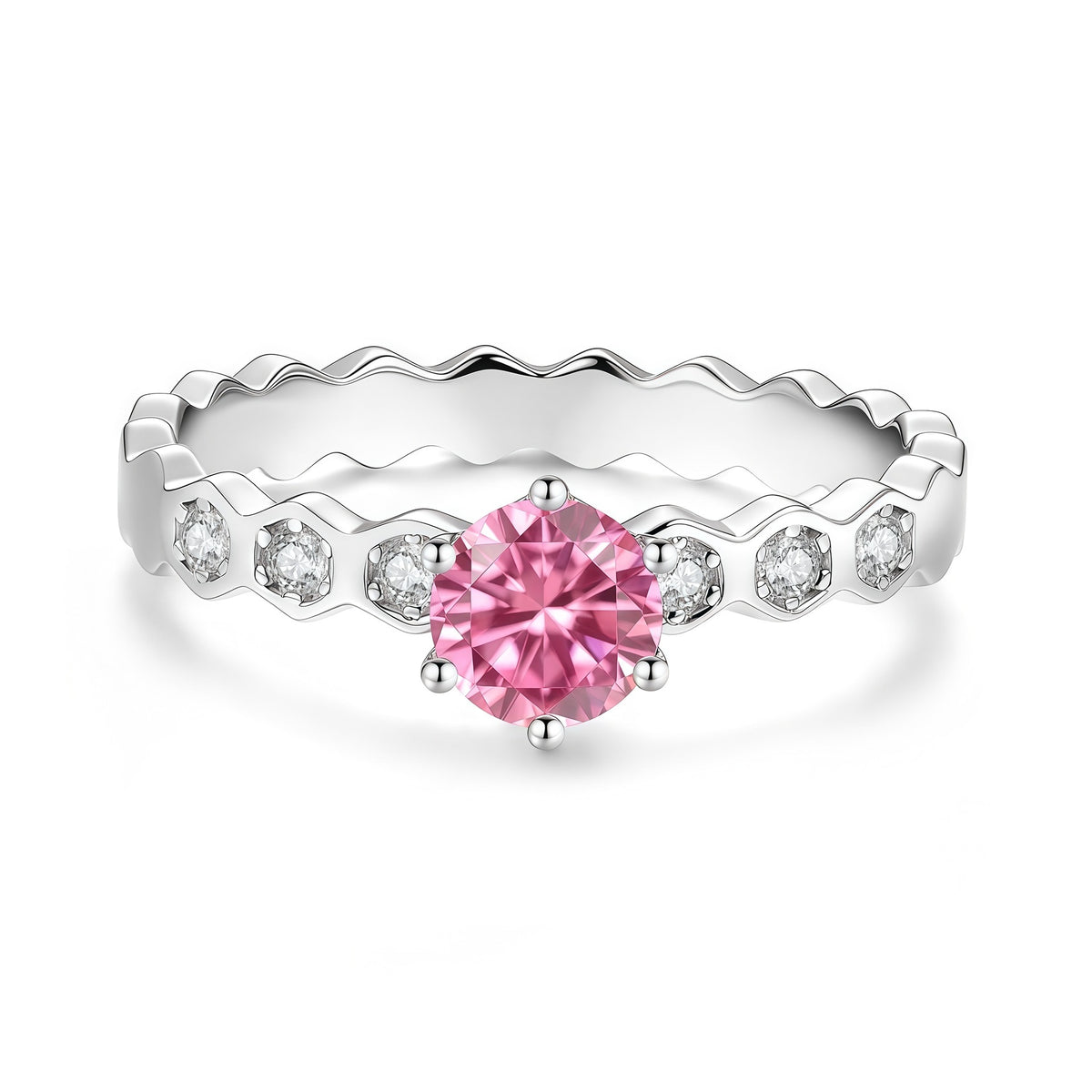 S925 Sterling Silver Moissanite Honeycomb Six-Prong Ring