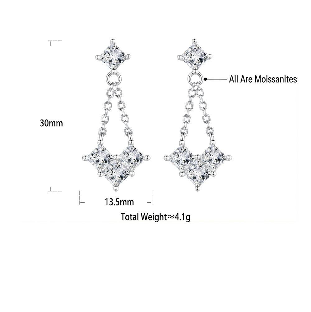 S925 Sterling Silver Heart-Shaped Earrings with Moissanite and Chain Detail