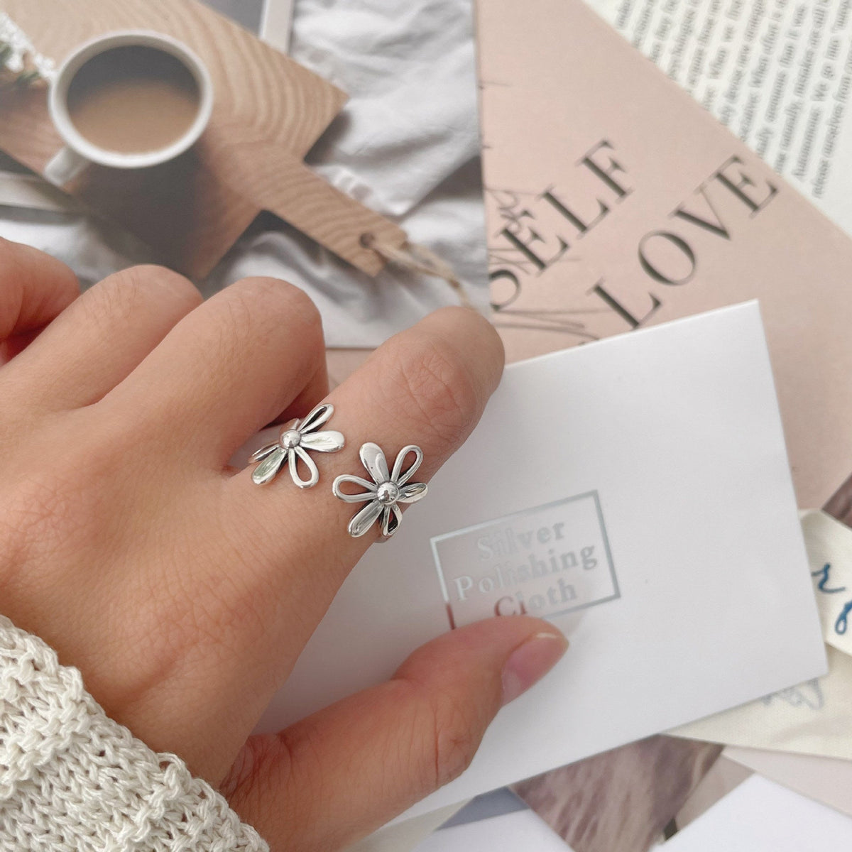 925 sterling silver flower ring - silvery