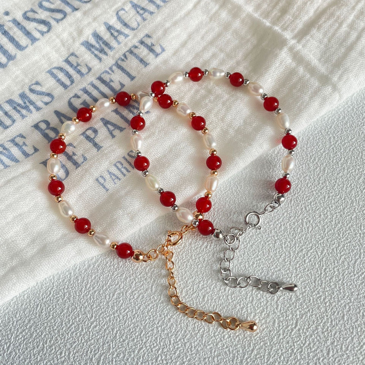 S925 sterling silver freshwater pearl red agate bead bracelet