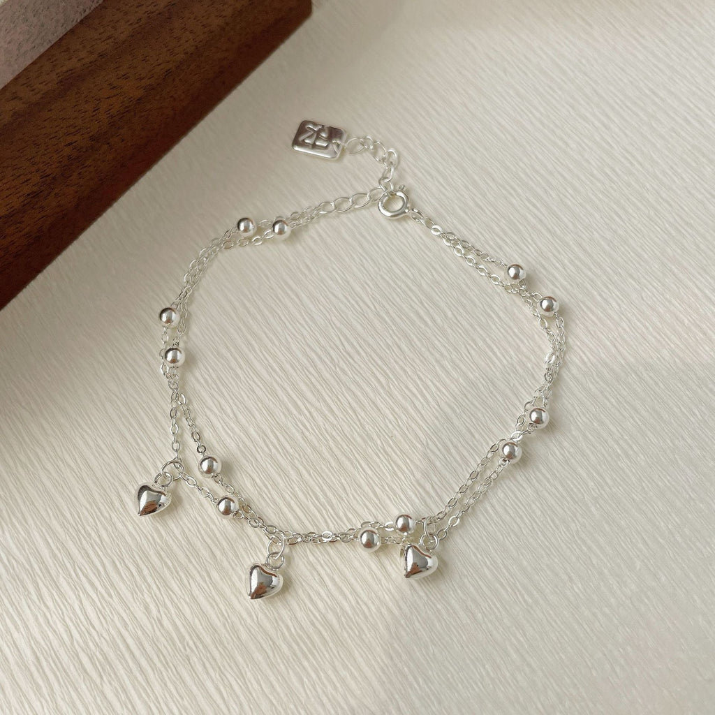 925 Silver Double layered Heart Pendant Bracelet - Silvery