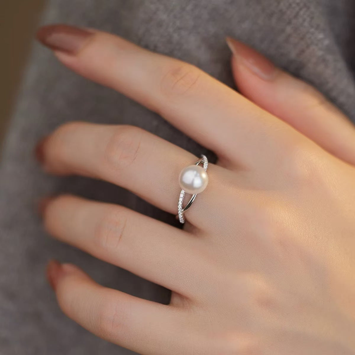 925 sterling silver imitation pearl ring - silvery