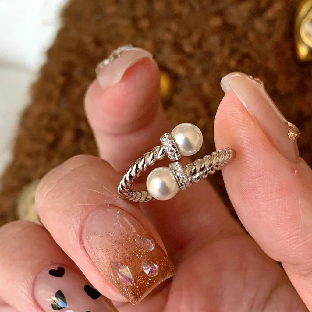 S925 sterling silver imitation pearl ring - silvery