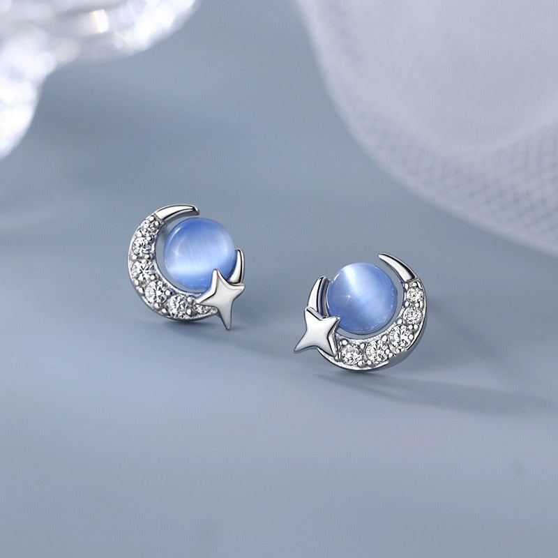 S925 sterling silver cat eye stone earrings - silvery