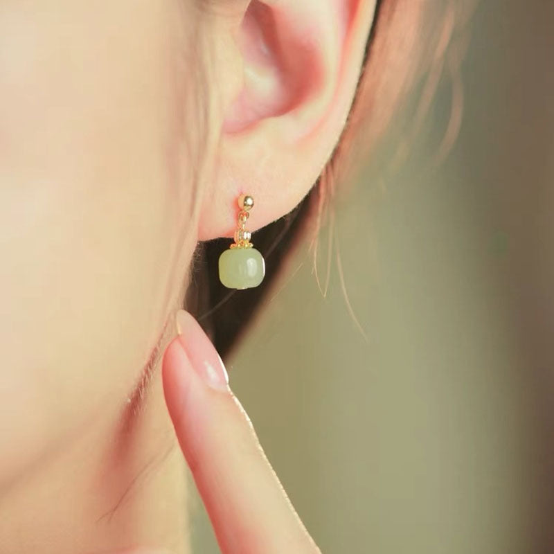 925 Sterling Silver Hotan Jade Earrings - Golden