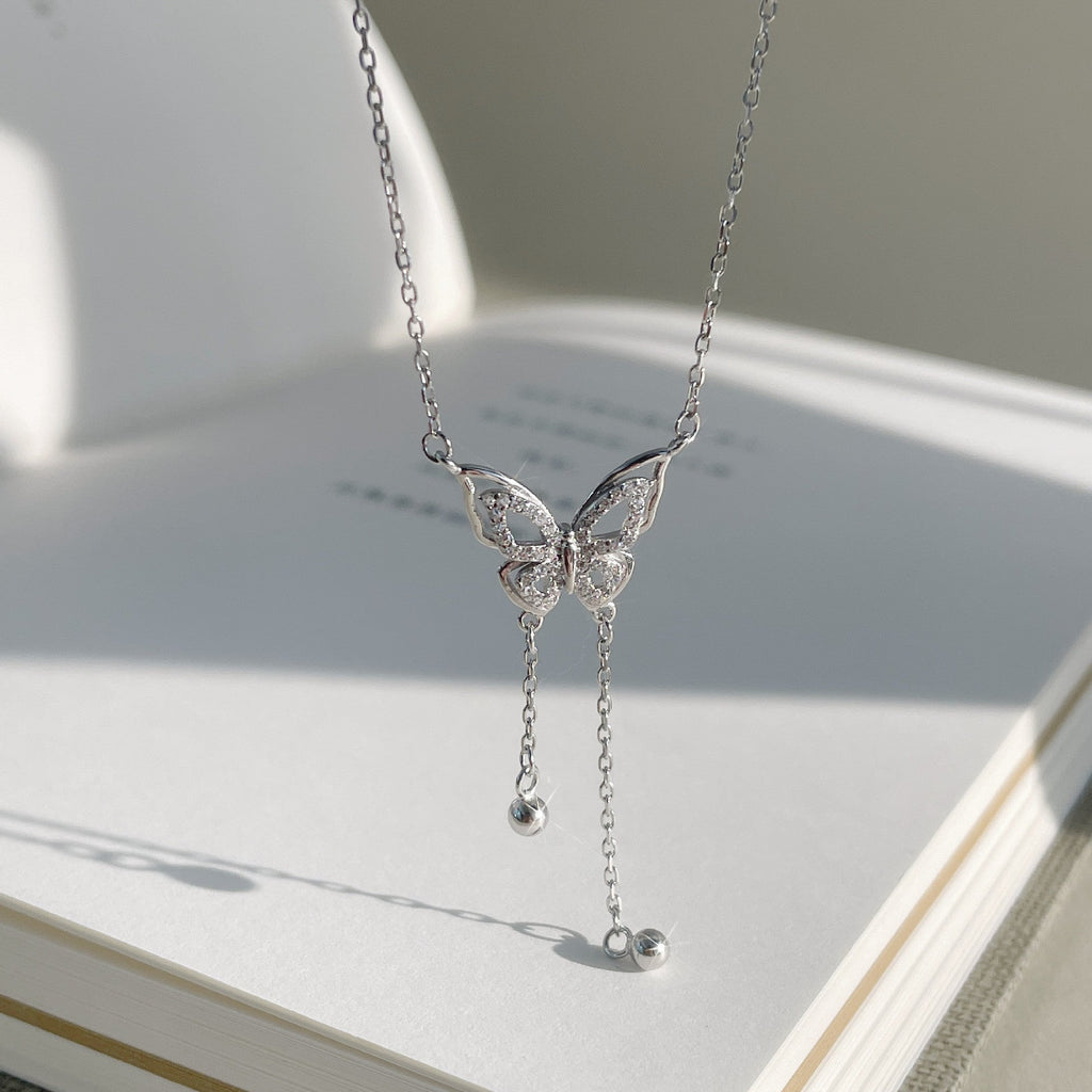 S925 sterling silver butterfly bead tassel necklace