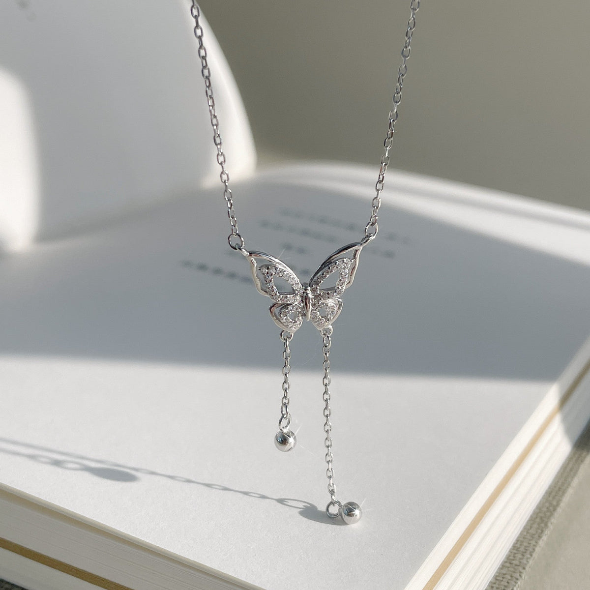 S925 sterling silver butterfly bead tassel necklace