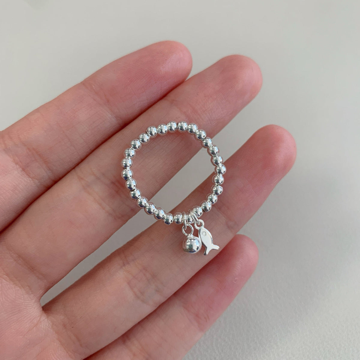 S925 sterling silver round bead elastic rope ring