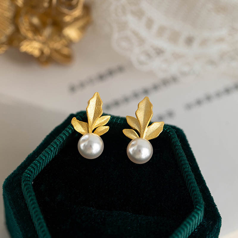 925 sterling silver freshwater pearl leaf earrings - golden