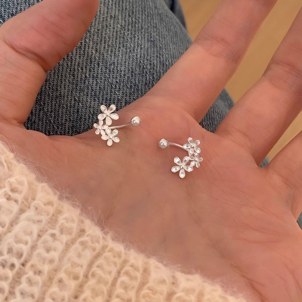 999 silver three small flower U-shaped earrings
