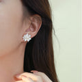 S925 sterling silver freshwater pearl flower earrings - silvery