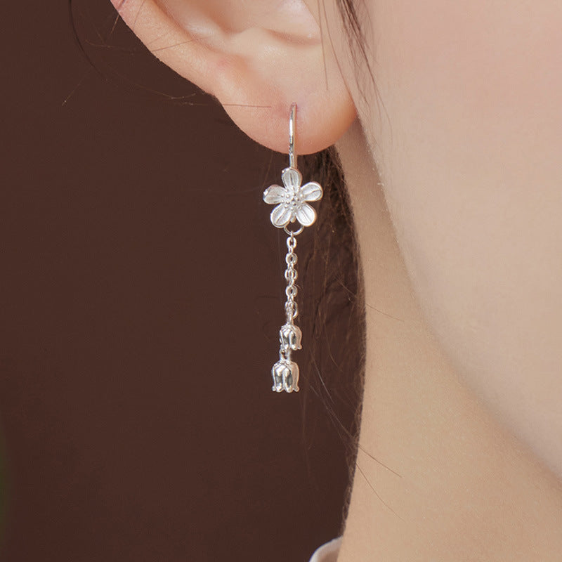925 pure silver flower shaped long earrings - silvery