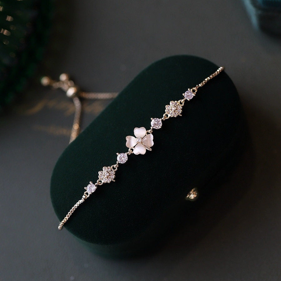 925 sterling silver four-leaf clover bracelet - champagne golden
