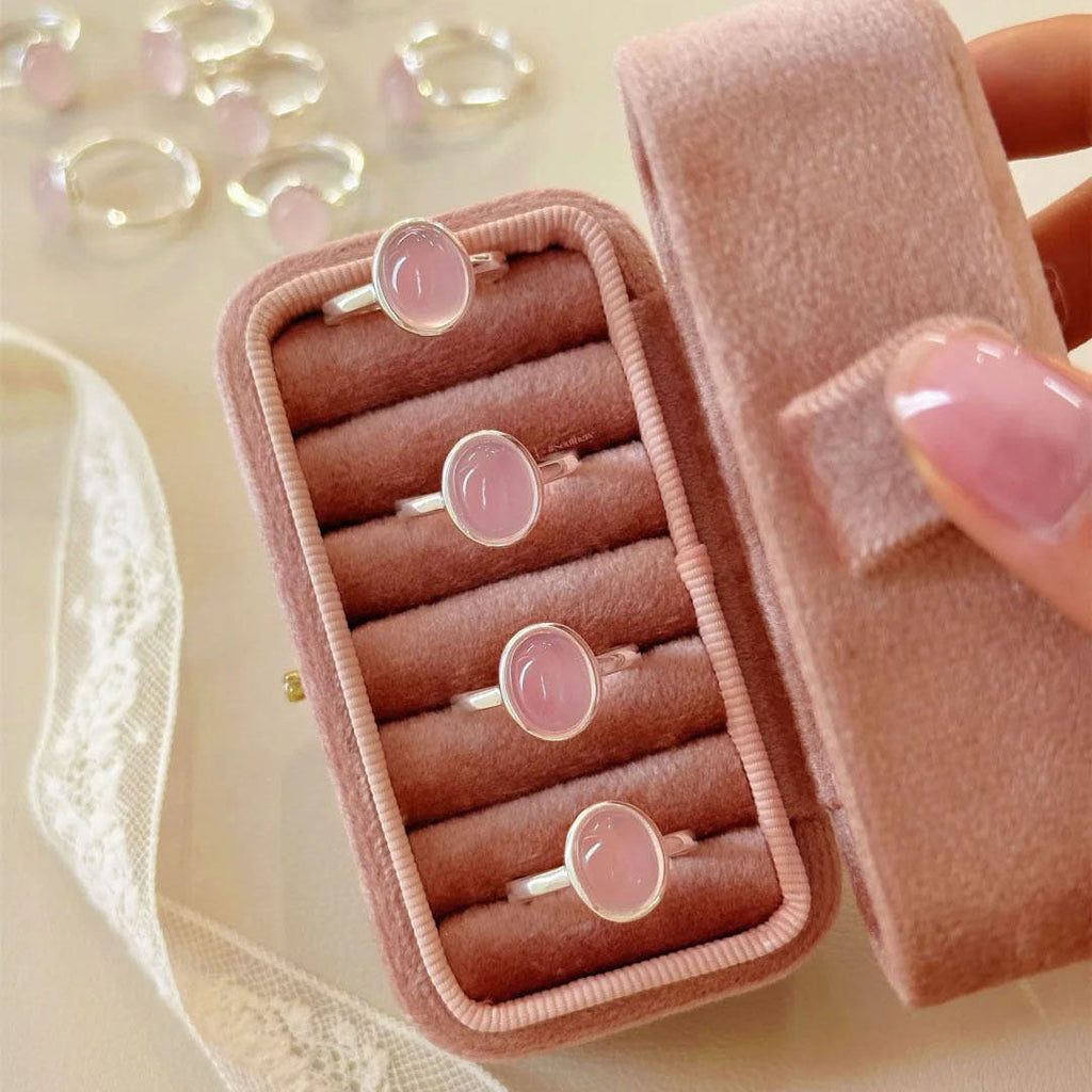 S925 sterling silver oval pink chalcedony ring - silvery