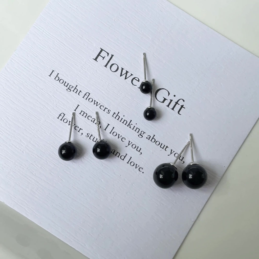 S925 sterling silver black agate earrings - silvery