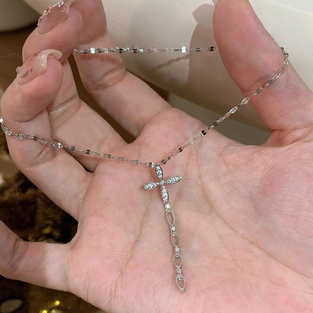 S925 sterling silver cross tassel pendant necklace - silver
