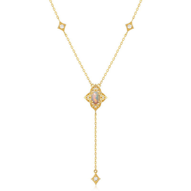 S925 Silver Plating 9K Gold Retro Petal Lace Natural Opal Necklace