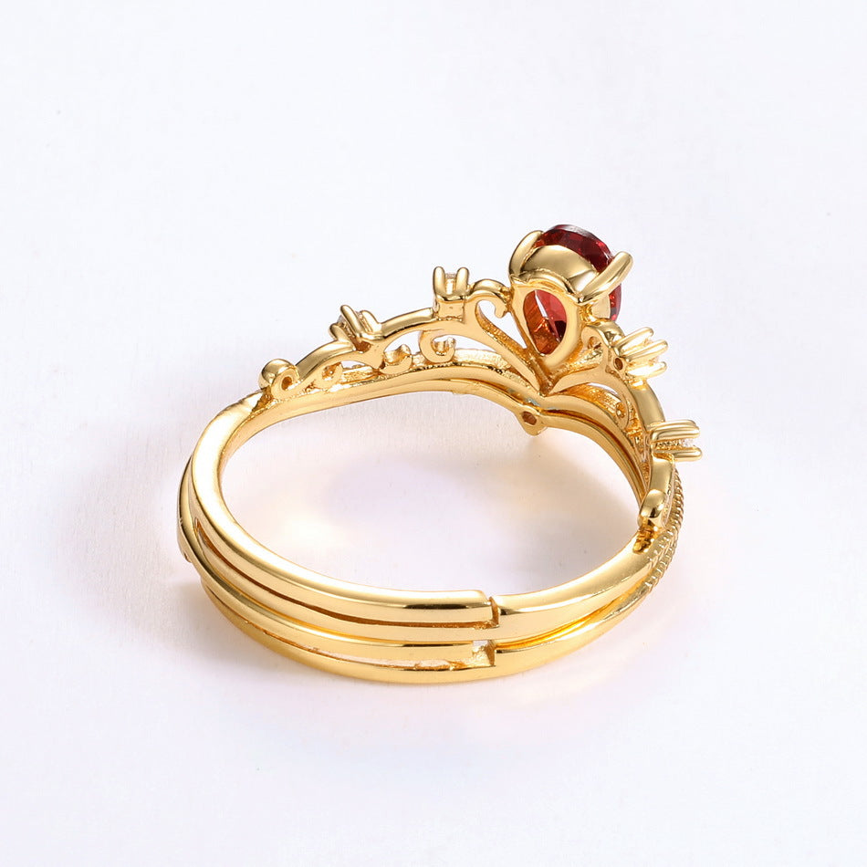 S925 Sterling Silver Gold-Plated Garnet Crown Zircon Ring