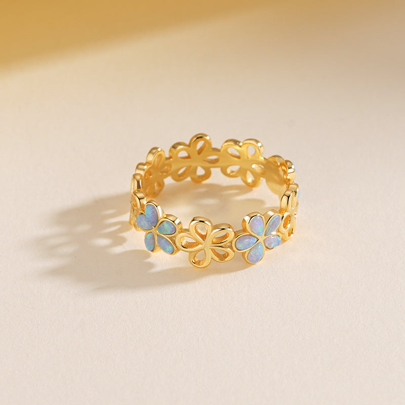 925 Sterling Silver Openwork Floral Opal Ring