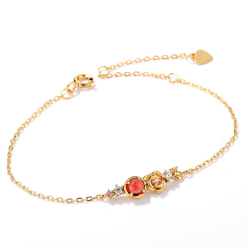 S925 Sterling Silver Gold-Plated Natural Garnet Flower Zirconia Bracelet