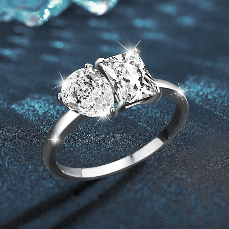 S925 Sterling Silver Moissanite Two Stone Ring