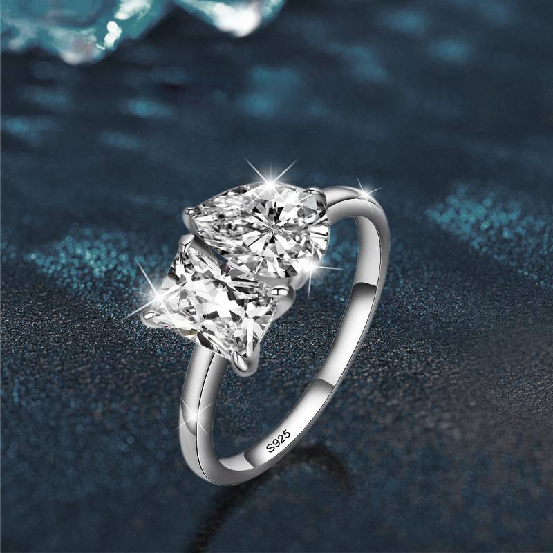 S925 Sterling Silver Moissanite Two Stone Ring
