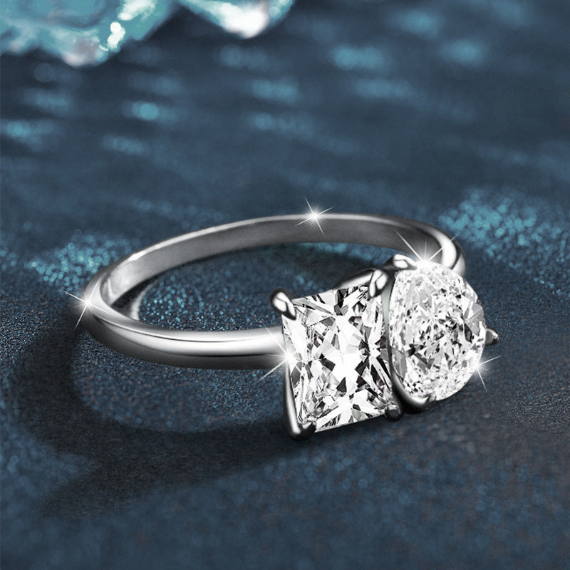 S925 Sterling Silver Moissanite Two Stone Ring