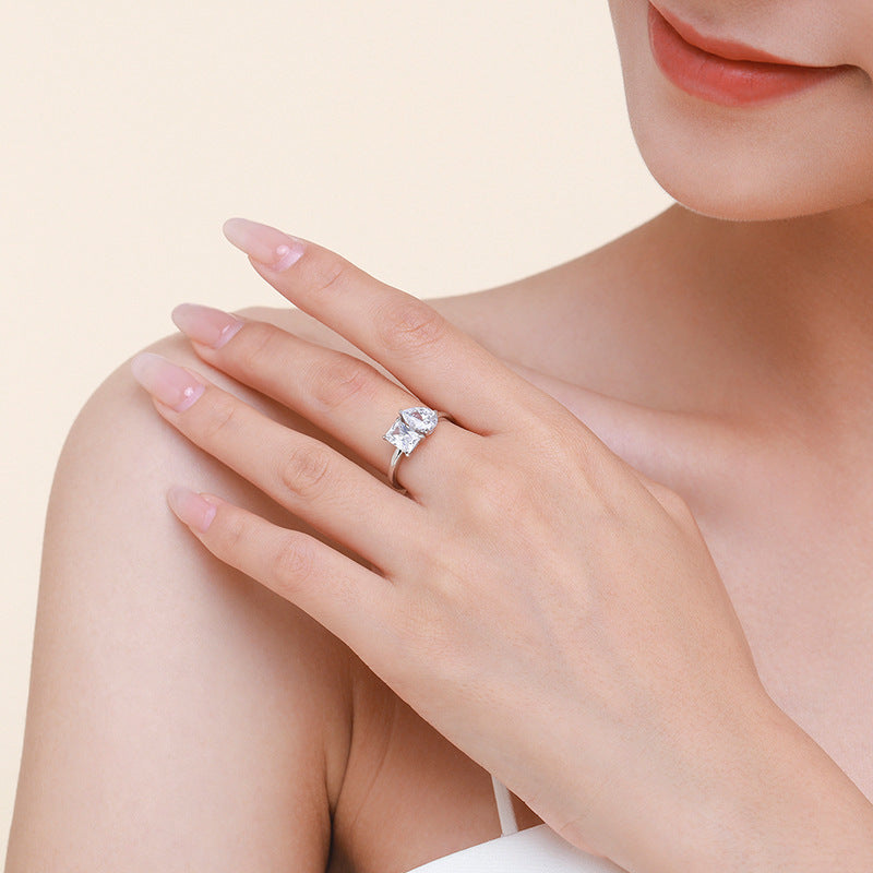 S925 Sterling Silver Moissanite Two Stone Ring