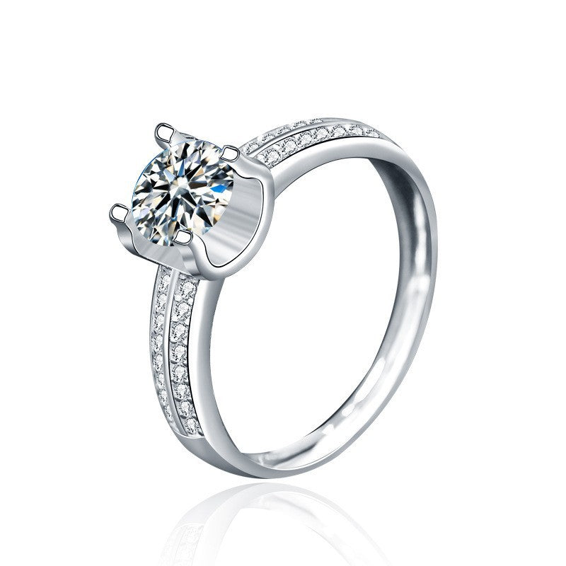 S925 Sterling Silver Center Moissanite with Double Row Diamond Accent Halo Vow Ring