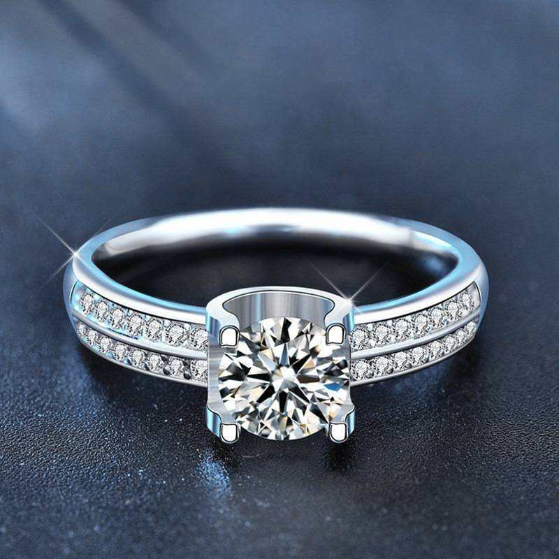S925 Sterling Silver Center Moissanite with Double Row Diamond Accent Halo Vow Ring