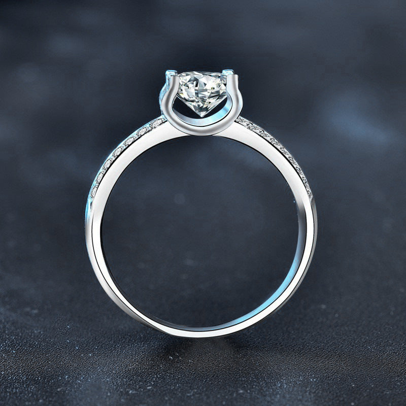 S925 Sterling Silver Center Moissanite with Double Row Diamond Accent Halo Vow Ring