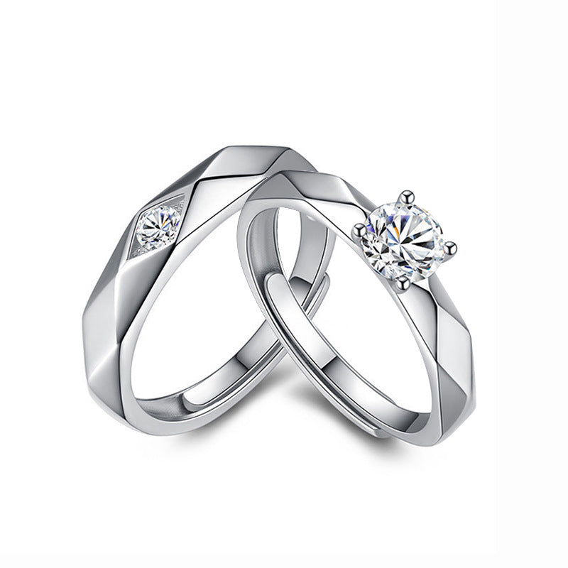 S925 Sterling Silver Diamond Rhombus Couple Ring