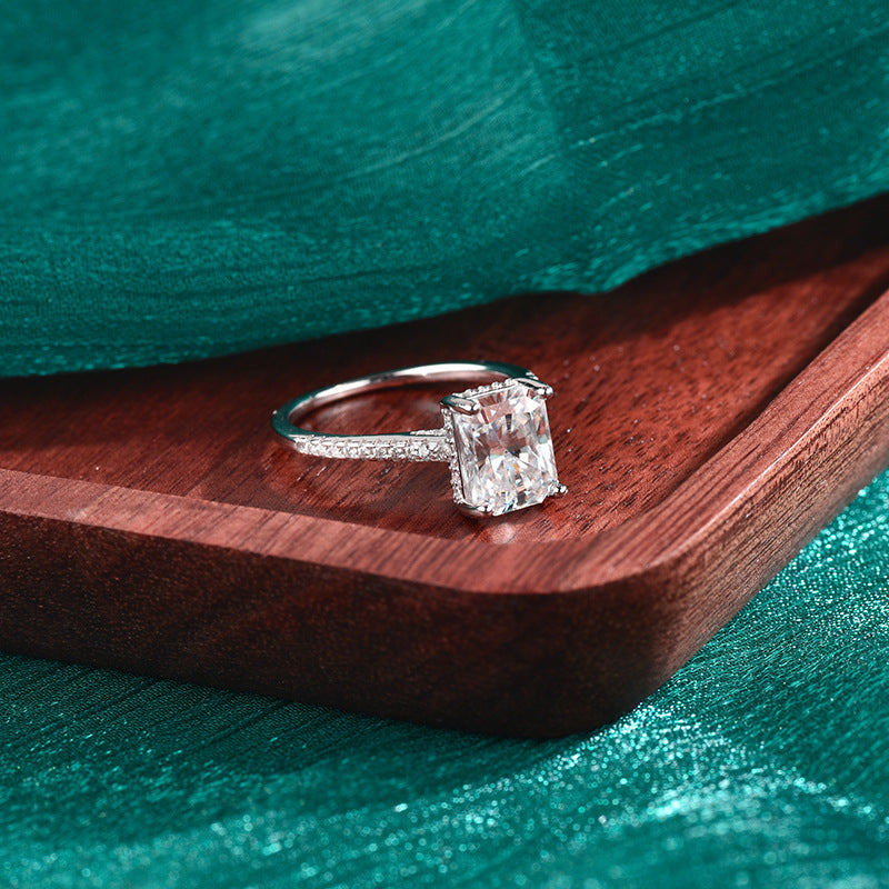 S925 Sterling Silver Large Rectangle Moissanite Statement Ring