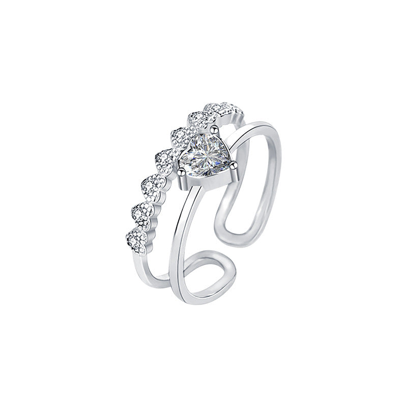 S925 Sterling Silver Moissanite Heart-Shaped Double-Layer Ring
