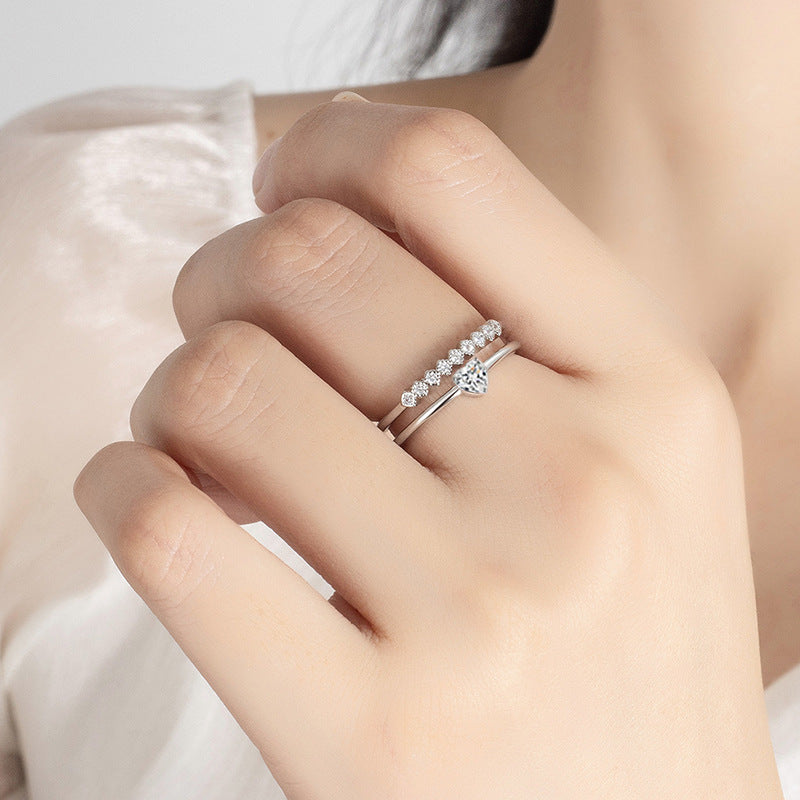 S925 Sterling Silver Moissanite Heart-Shaped Double-Layer Ring